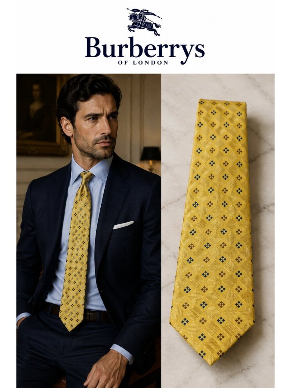 Vintage Burberrys 100% Silk Yellow Geometric Necktie Made in Italy